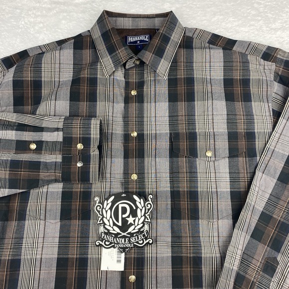 Panhandle Other - PANHANDLE Select‎ Western Shirt Mens Large Brown/Gray Plaid Pearl Snaps NWT!